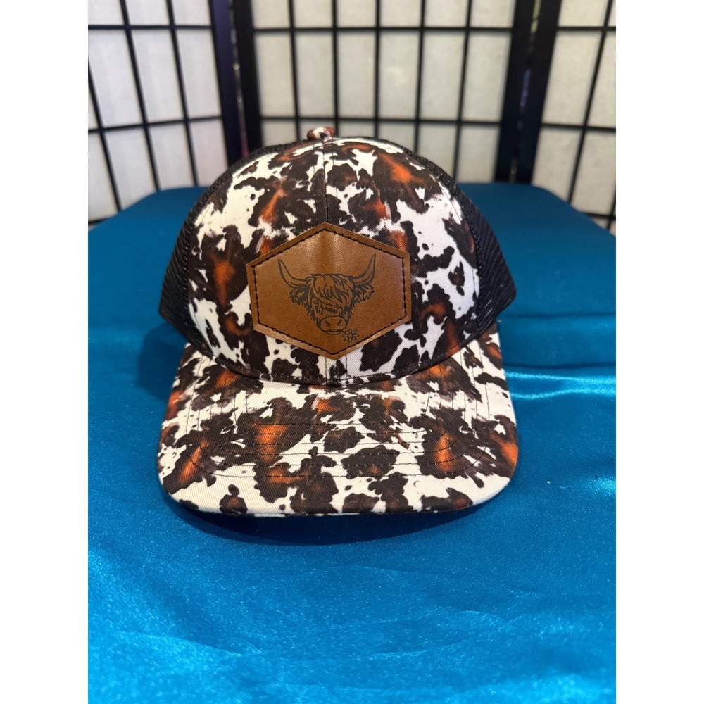 Cow Print Highland Cow Leather Patch Trucker Hat Western Country Snapback